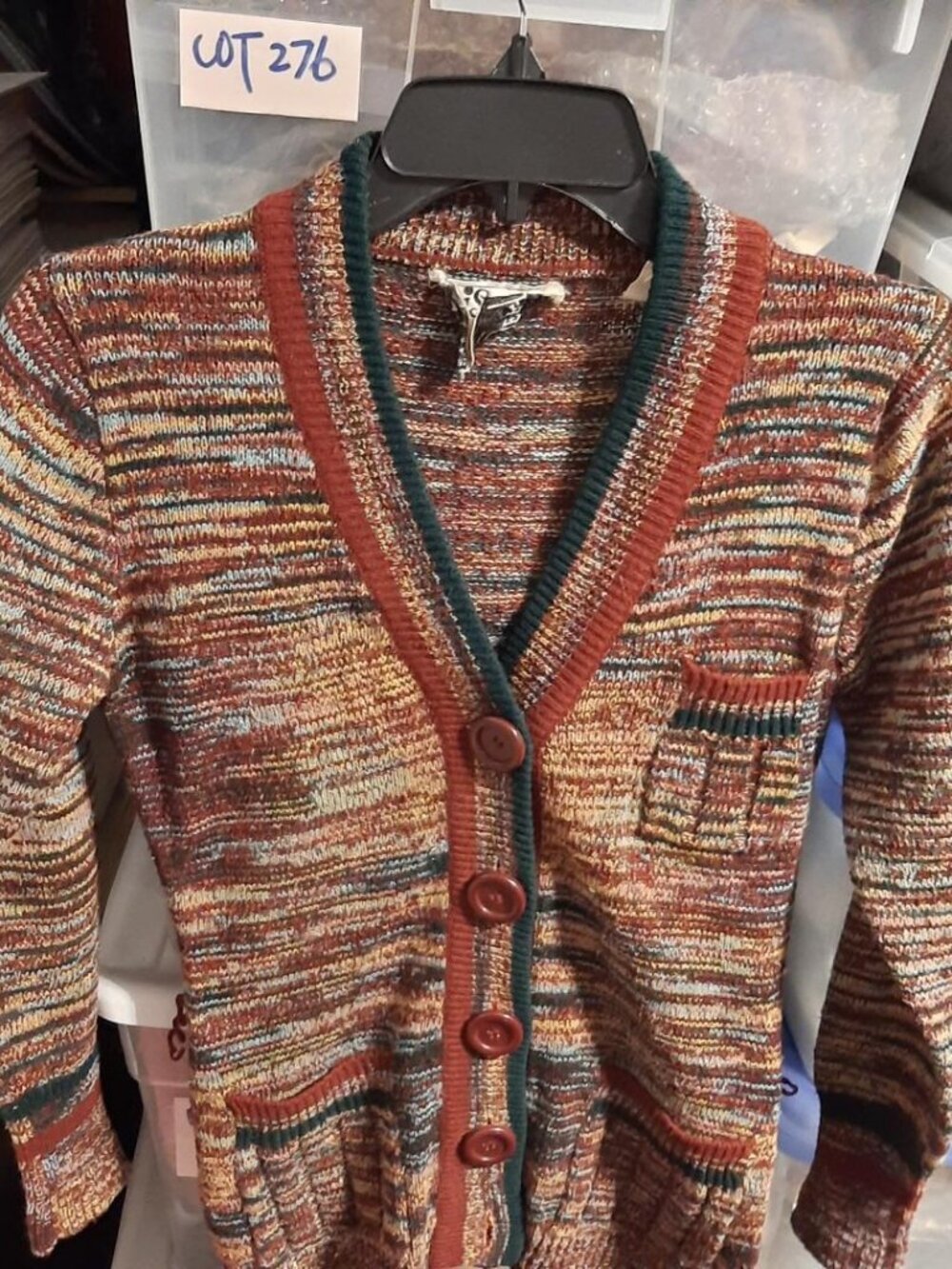 Vintage Discovery Women V Neck Cardigan Sweater 3 Pockets MultiColor Stripes SzS